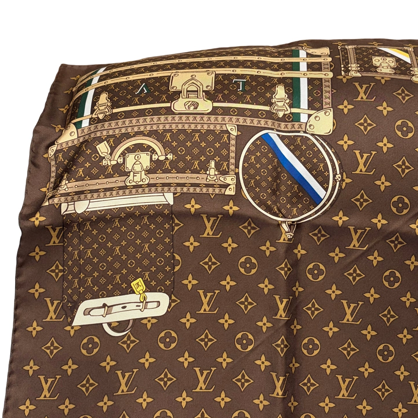 LOUIS VUITTON Monogram Trunk Luggage Full Print 100% Pure Silk Scarf Brown Classic LV Pattern Vintage Travel Theme Rare Collectible Accessory Included Original Gift Box