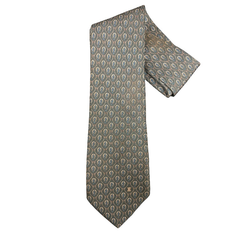 CELINE Silk Tie, Dark Green Base with Carriage Logo All-over Pattern