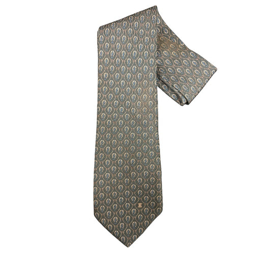 CELINE Silk Tie, Dark Green Base with Carriage Logo All-over Pattern
