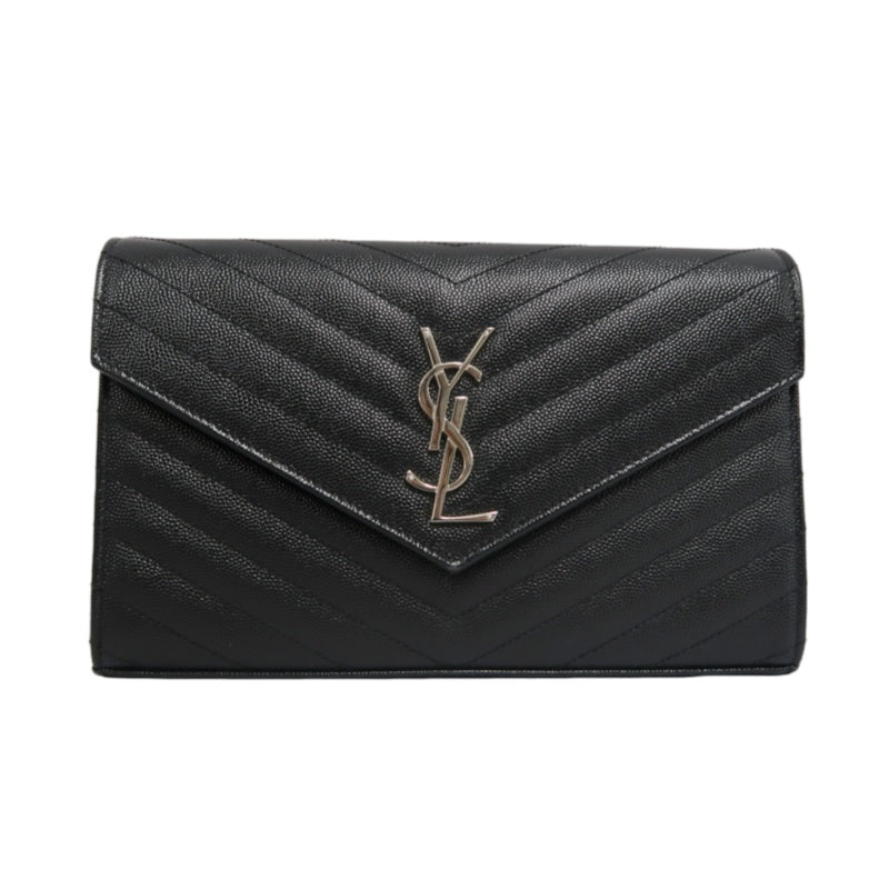 YSL Saint Laurent Cassandra Black Calfskin Leather Envelope Flap Shoulder Crossbody Bag, Polished Silver Brand Logo Hardware