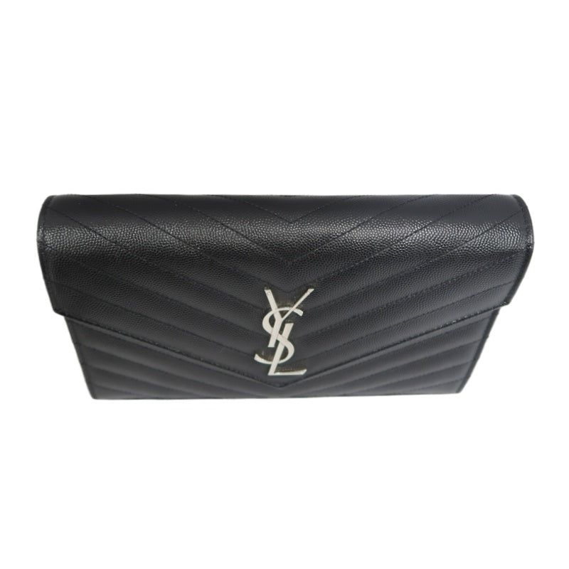 YSL Saint Laurent Cassandra Black Calfskin Leather Envelope Flap Shoulder Crossbody Bag, Polished Silver Brand Logo Hardware