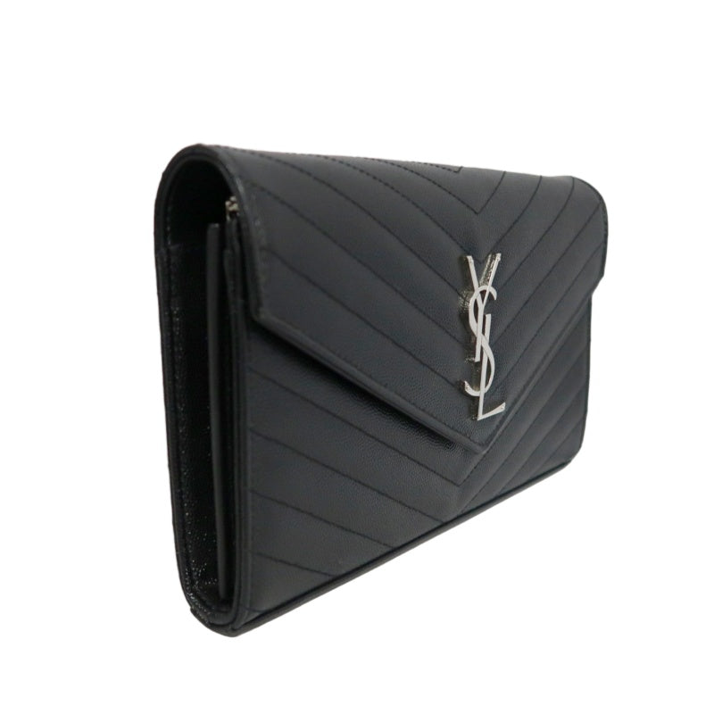 YSL Saint Laurent Cassandra Black Calfskin Leather Envelope Flap Shoulder Crossbody Bag, Polished Silver Brand Logo Hardware