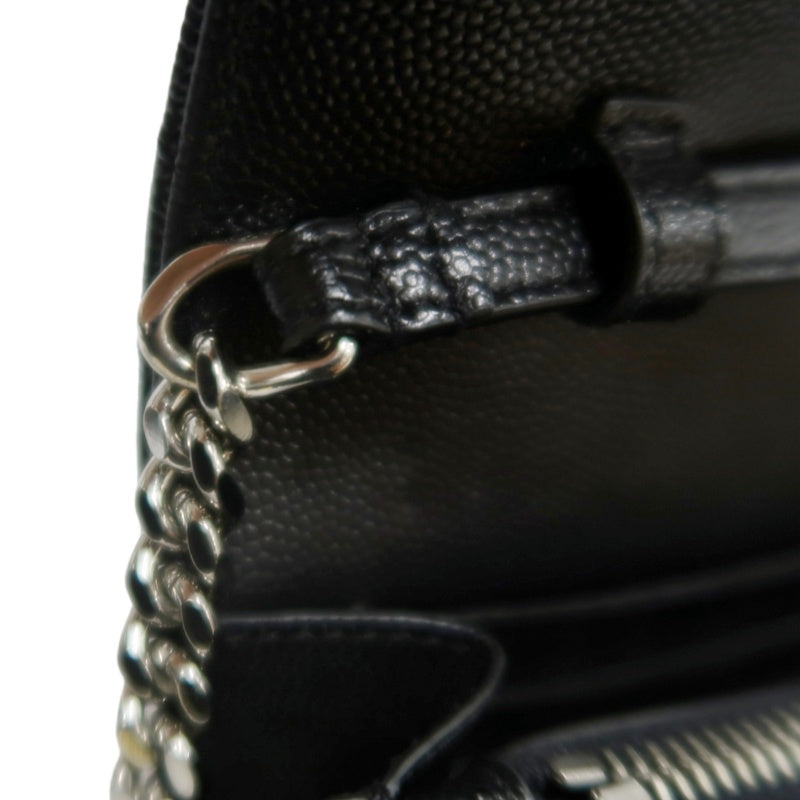 YSL Saint Laurent Cassandra Black Calfskin Leather Envelope Flap Shoulder Crossbody Bag, Polished Silver Brand Logo Hardware