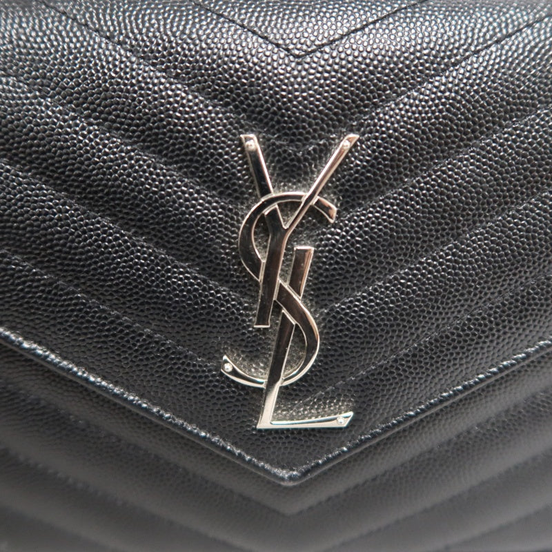 YSL Saint Laurent Cassandra Black Calfskin Leather Envelope Flap Shoulder Crossbody Bag, Polished Silver Brand Logo Hardware