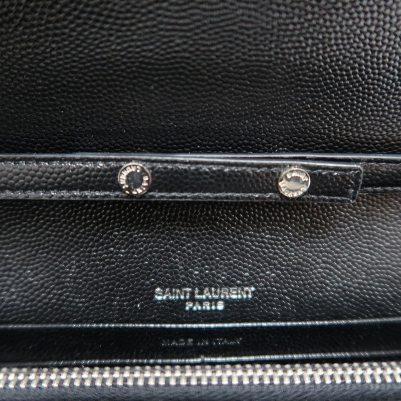 YSL Saint Laurent Cassandra Black Calfskin Leather Envelope Flap Shoulder Crossbody Bag, Polished Silver Brand Logo Hardware