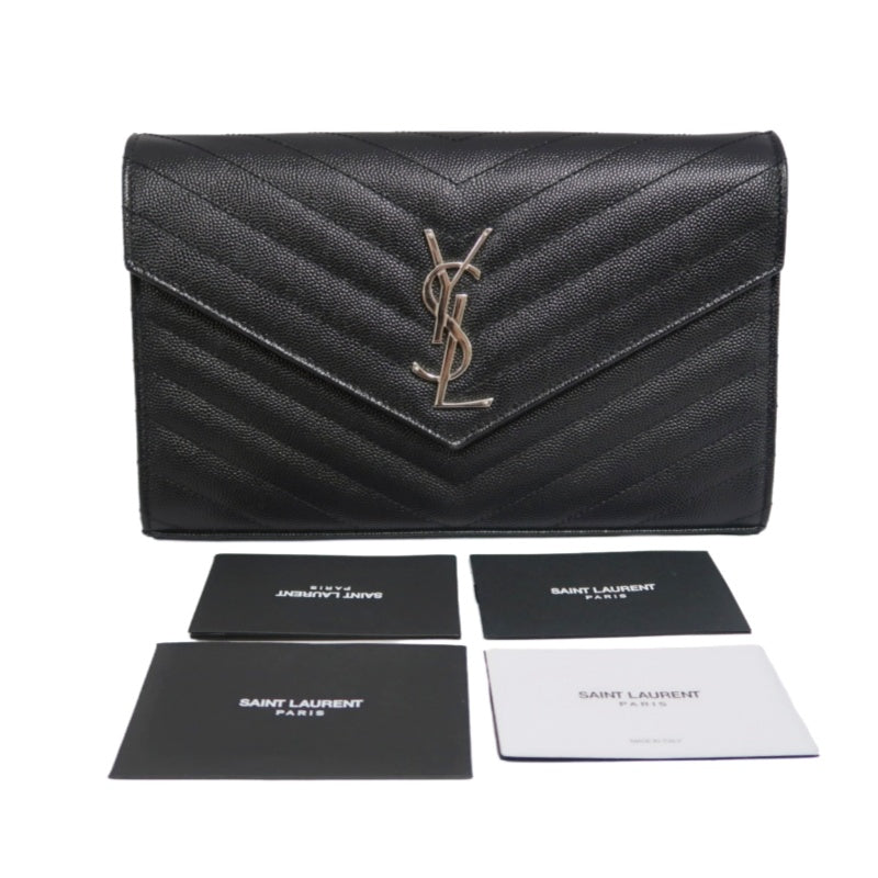 YSL Saint Laurent Cassandra Black Calfskin Leather Envelope Flap Shoulder Crossbody Bag, Polished Silver Brand Logo Hardware