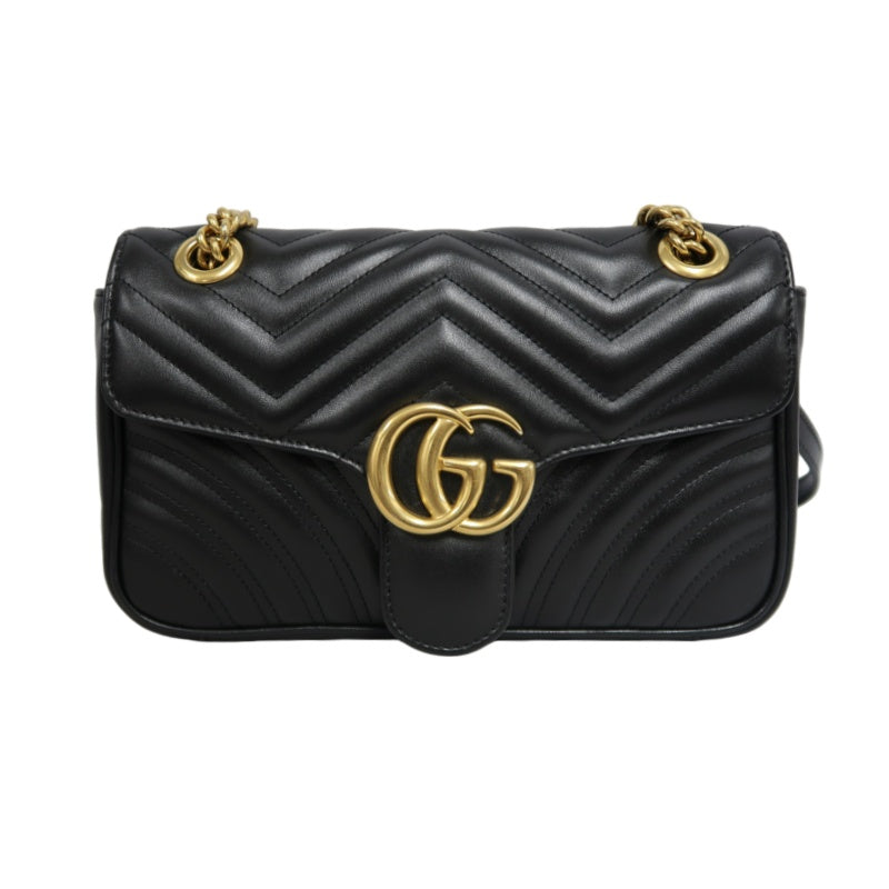 GUCCI GG Marmont Shoulder Bag Lambskin Black GG Logo Chevron Stitching Gold Hardware