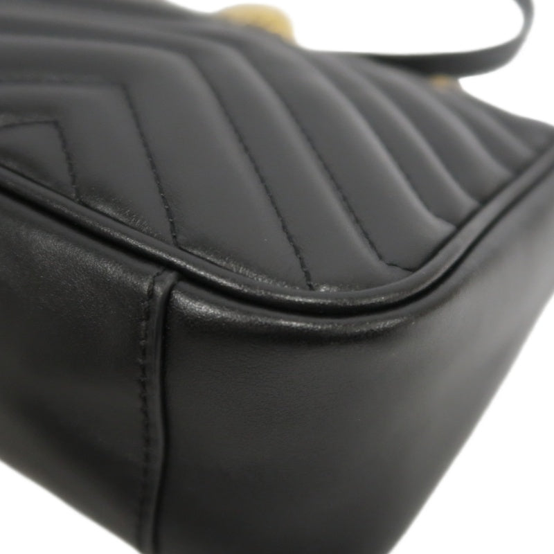 GUCCI GG Marmont Shoulder Bag Lambskin Black GG Logo Chevron Stitching Gold Hardware