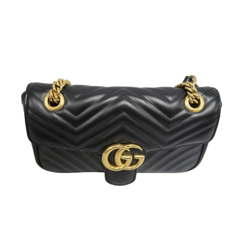 GUCCI GG Marmont Shoulder Bag Lambskin Black GG Logo Chevron Stitching Gold Hardware
