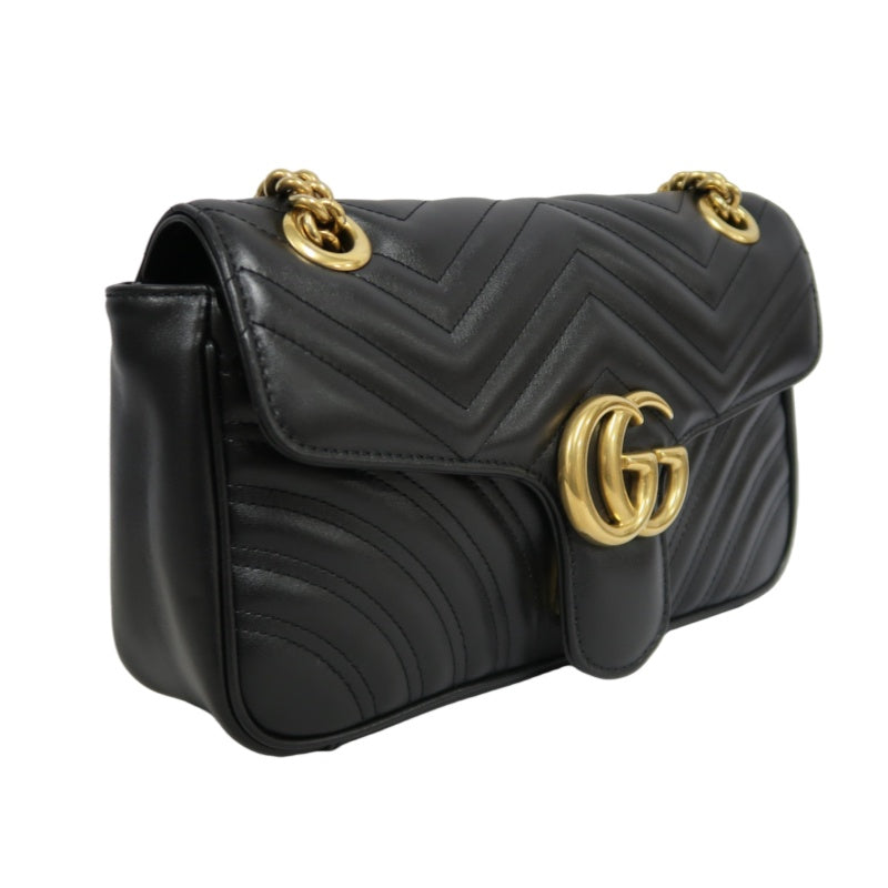 GUCCI GG Marmont Shoulder Bag Lambskin Black GG Logo Chevron Stitching Gold Hardware