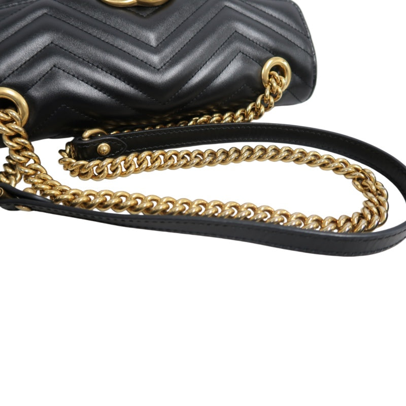 GUCCI GG Marmont Shoulder Bag Lambskin Black GG Logo Chevron Stitching Gold Hardware