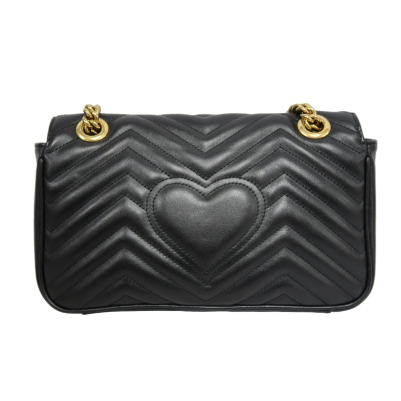 GUCCI GG Marmont Shoulder Bag Lambskin Black GG Logo Chevron Stitching Gold Hardware