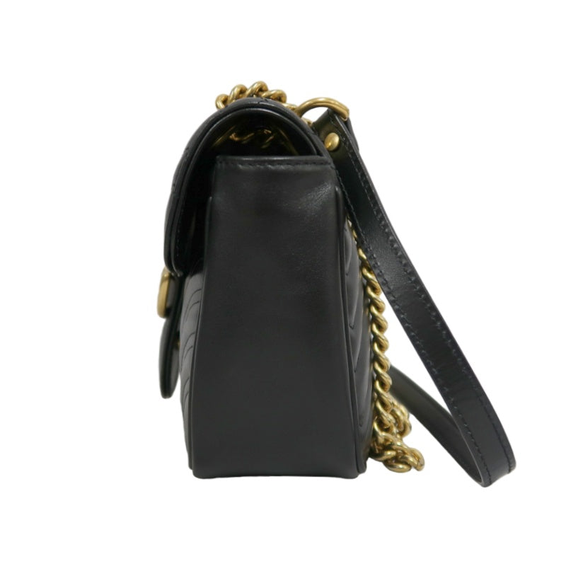 GUCCI GG Marmont Shoulder Bag Lambskin Black GG Logo Chevron Stitching Gold Hardware