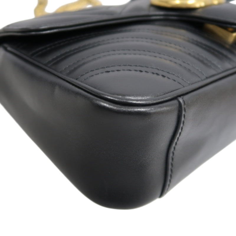 GUCCI GG Marmont Shoulder Bag Lambskin Black GG Logo Chevron Stitching Gold Hardware