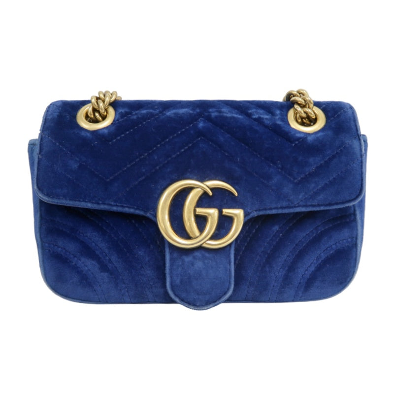 GUCCI GG Marmont Chevron Quilted Cobalt Blue Velvet Chain Shoulder Crossbody Bag, Aged Gold Double G Hardware