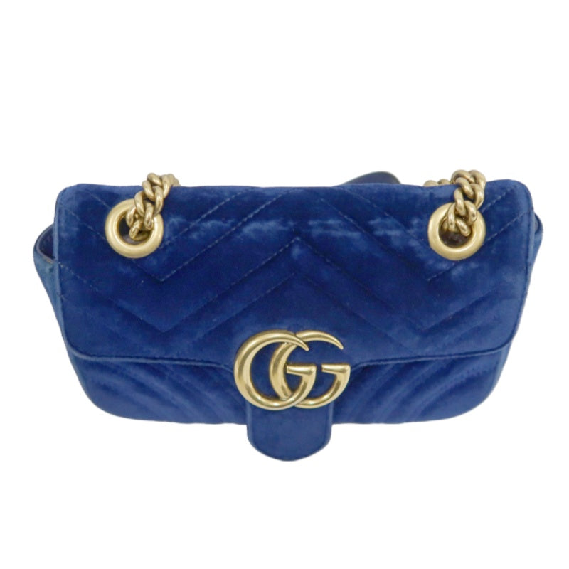 GUCCI GG Marmont Chevron Quilted Cobalt Blue Velvet Chain Shoulder Crossbody Bag, Aged Gold Double G Hardware