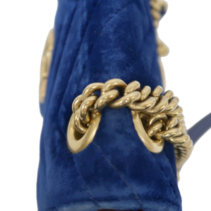 GUCCI GG Marmont Chevron Quilted Cobalt Blue Velvet Chain Shoulder Crossbody Bag, Aged Gold Double G Hardware