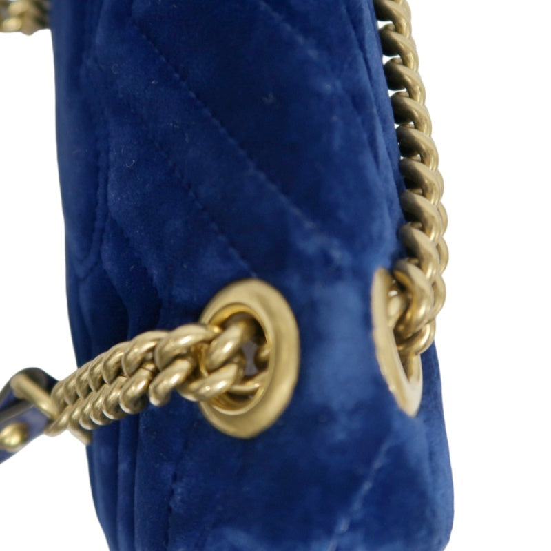 GUCCI GG Marmont Chevron Quilted Cobalt Blue Velvet Chain Shoulder Crossbody Bag, Aged Gold Double G Hardware