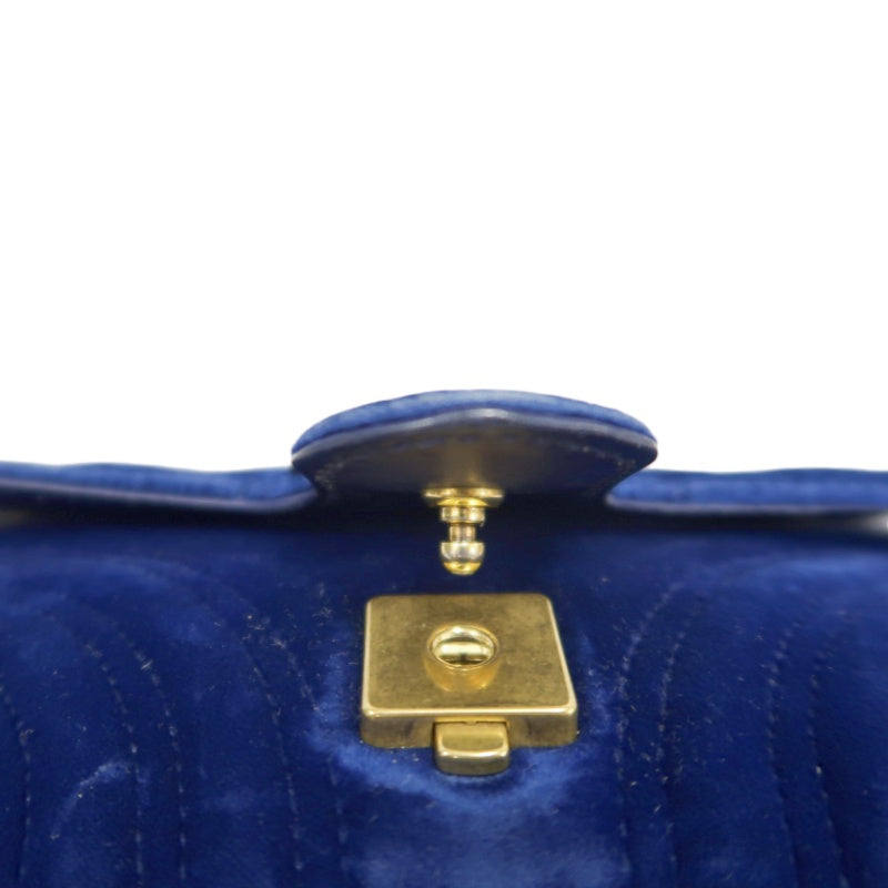 GUCCI GG Marmont Chevron Quilted Cobalt Blue Velvet Chain Shoulder Crossbody Bag, Aged Gold Double G Hardware