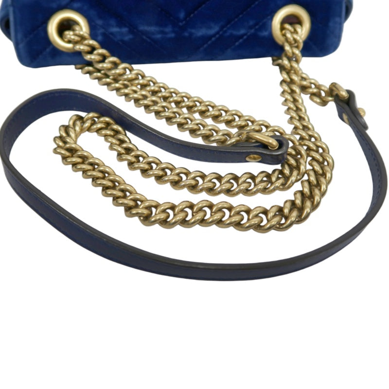 GUCCI GG Marmont Chevron Quilted Cobalt Blue Velvet Chain Shoulder Crossbody Bag, Aged Gold Double G Hardware
