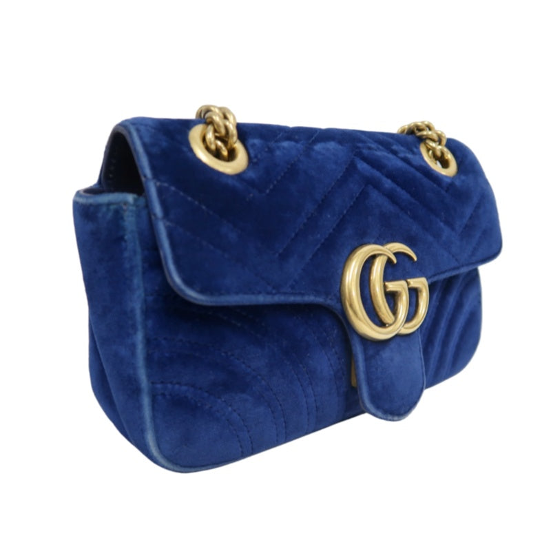 GUCCI GG Marmont Chevron Quilted Cobalt Blue Velvet Chain Shoulder Crossbody Bag, Aged Gold Double G Hardware