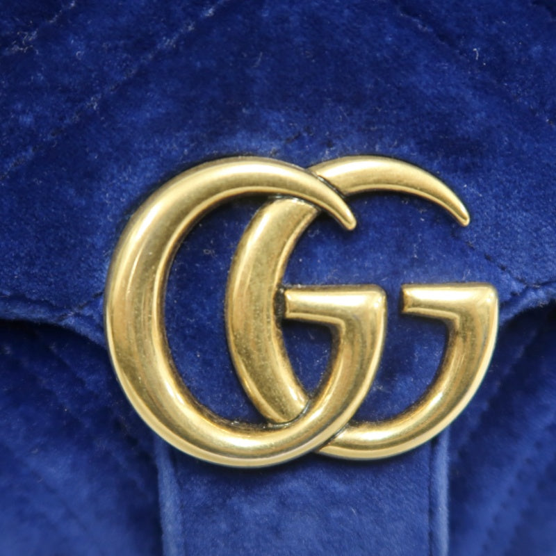 GUCCI GG Marmont Chevron Quilted Cobalt Blue Velvet Chain Shoulder Crossbody Bag, Aged Gold Double G Hardware
