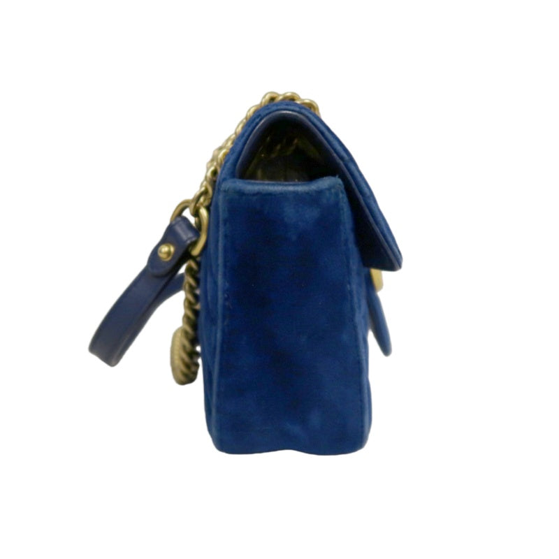 GUCCI GG Marmont Chevron Quilted Cobalt Blue Velvet Chain Shoulder Crossbody Bag, Aged Gold Double G Hardware
