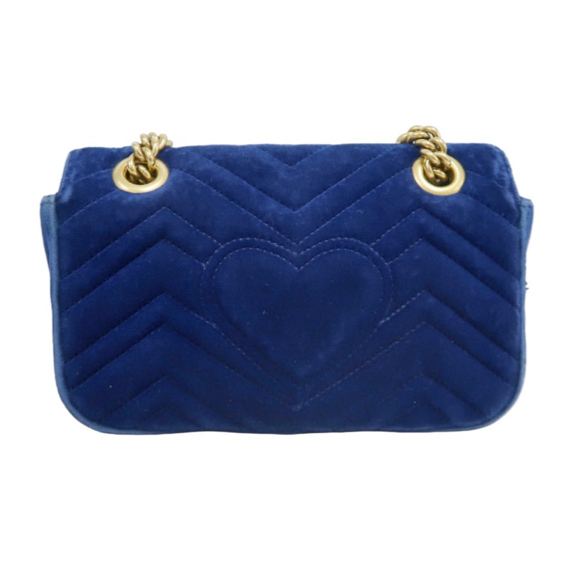 GUCCI GG Marmont Chevron Quilted Cobalt Blue Velvet Chain Shoulder Crossbody Bag, Aged Gold Double G Hardware