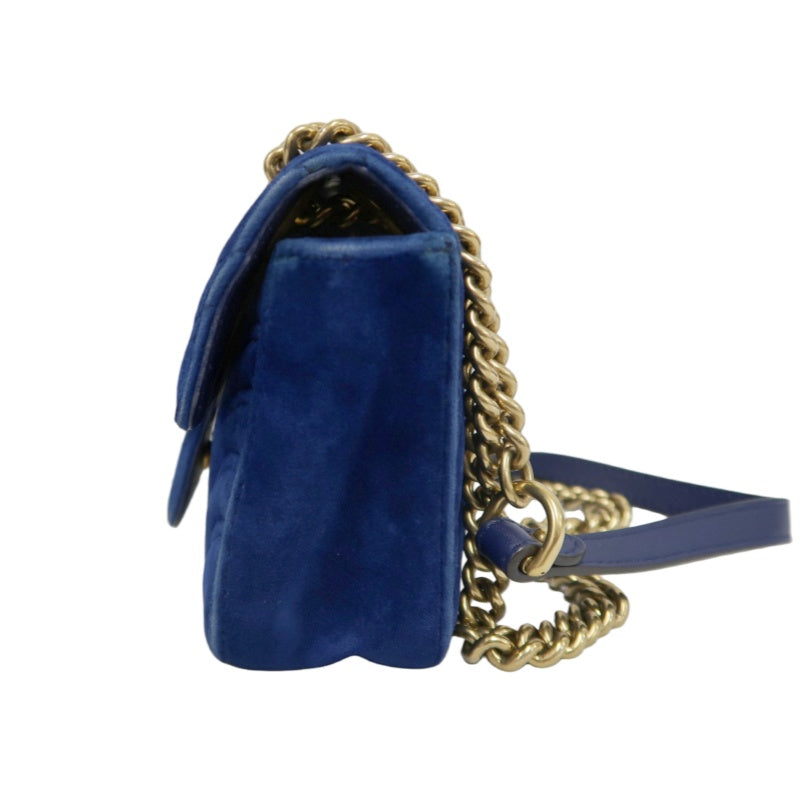 GUCCI GG Marmont Chevron Quilted Cobalt Blue Velvet Chain Shoulder Crossbody Bag, Aged Gold Double G Hardware