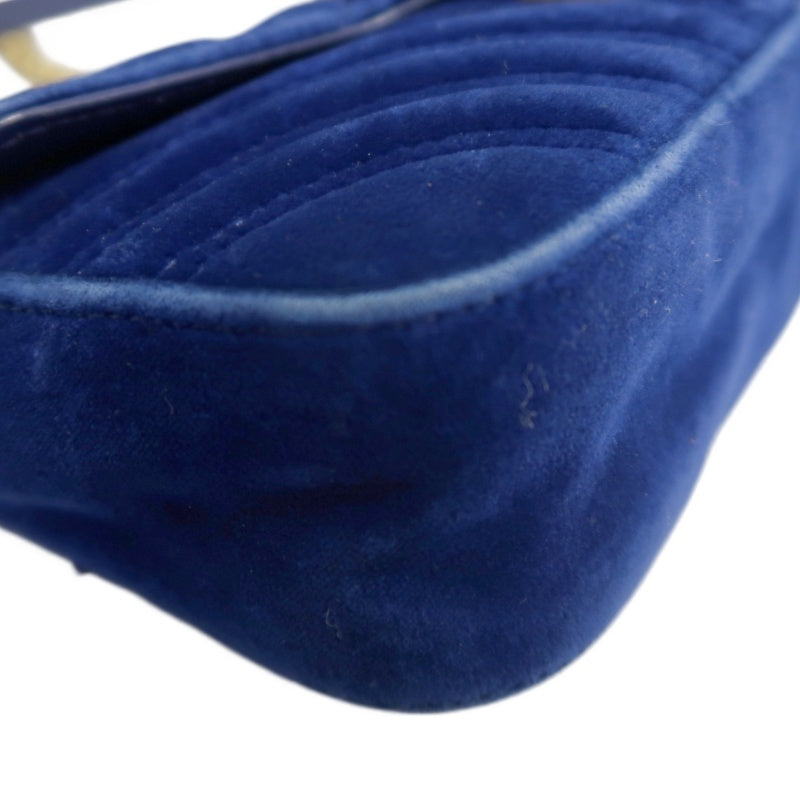 GUCCI GG Marmont Chevron Quilted Cobalt Blue Velvet Chain Shoulder Crossbody Bag, Aged Gold Double G Hardware