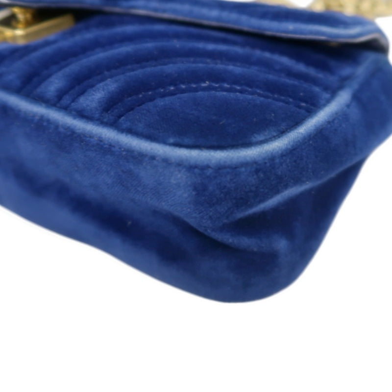 GUCCI GG Marmont Chevron Quilted Cobalt Blue Velvet Chain Shoulder Crossbody Bag, Aged Gold Double G Hardware