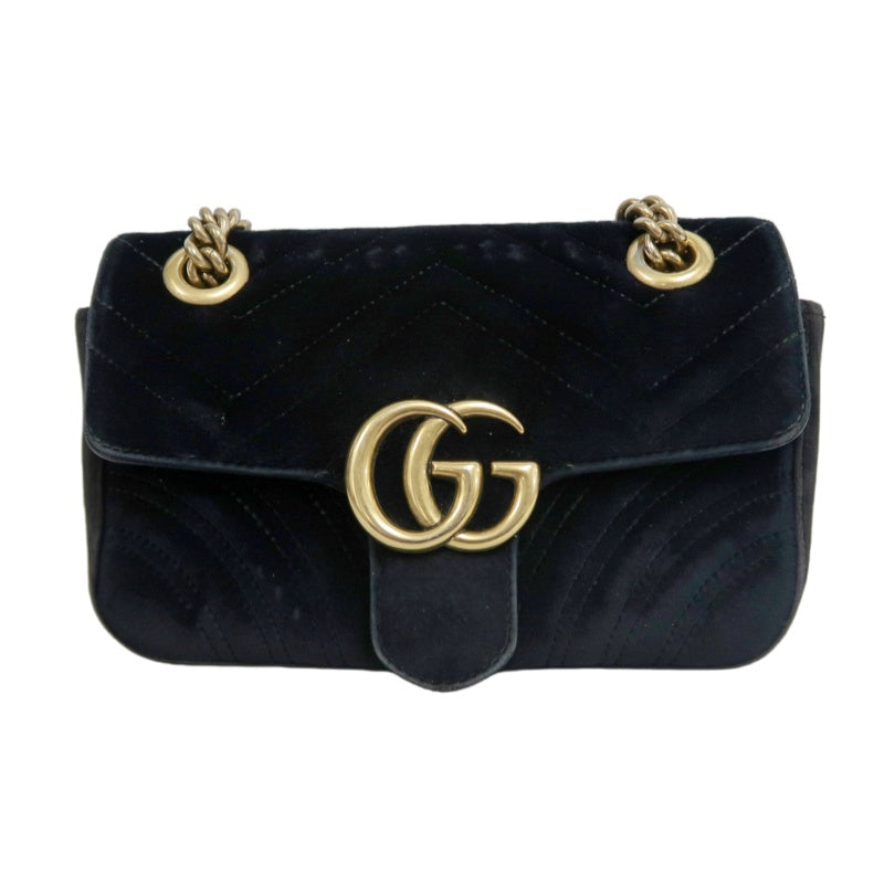 GUCCI GG Marmont Chevron Quilted Black Velvet Chain Shoulder Crossbody Bag, Aged Gold Double G Logo Hardware