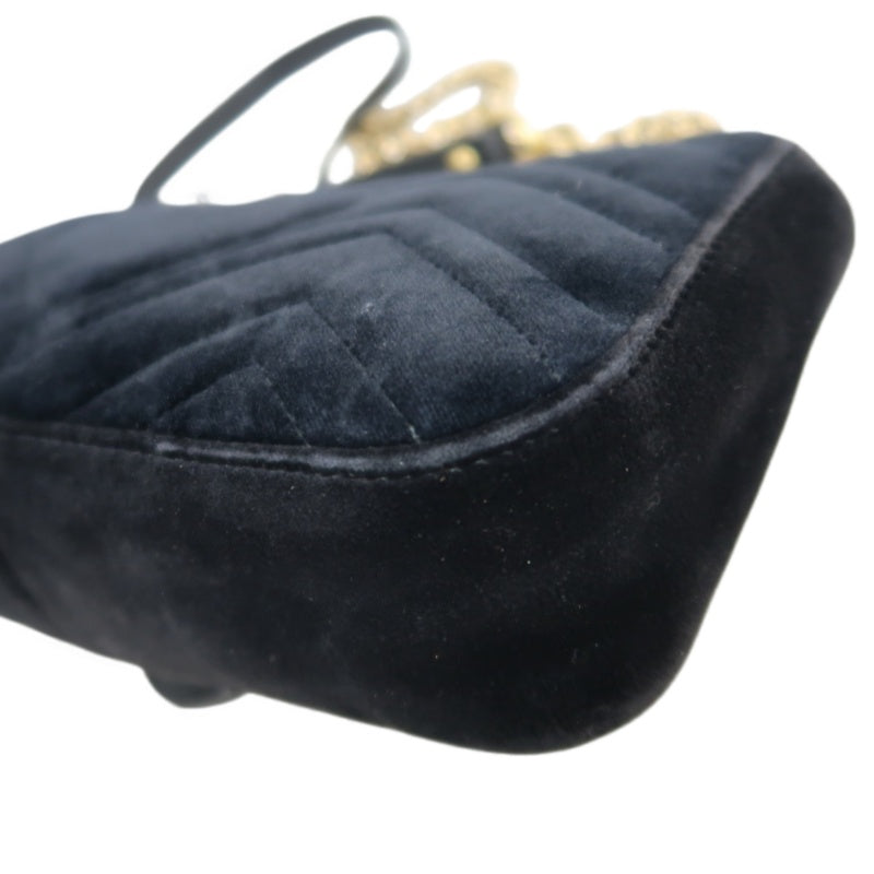 GUCCI GG Marmont Chevron Quilted Black Velvet Chain Shoulder Crossbody Bag, Aged Gold Double G Logo Hardware