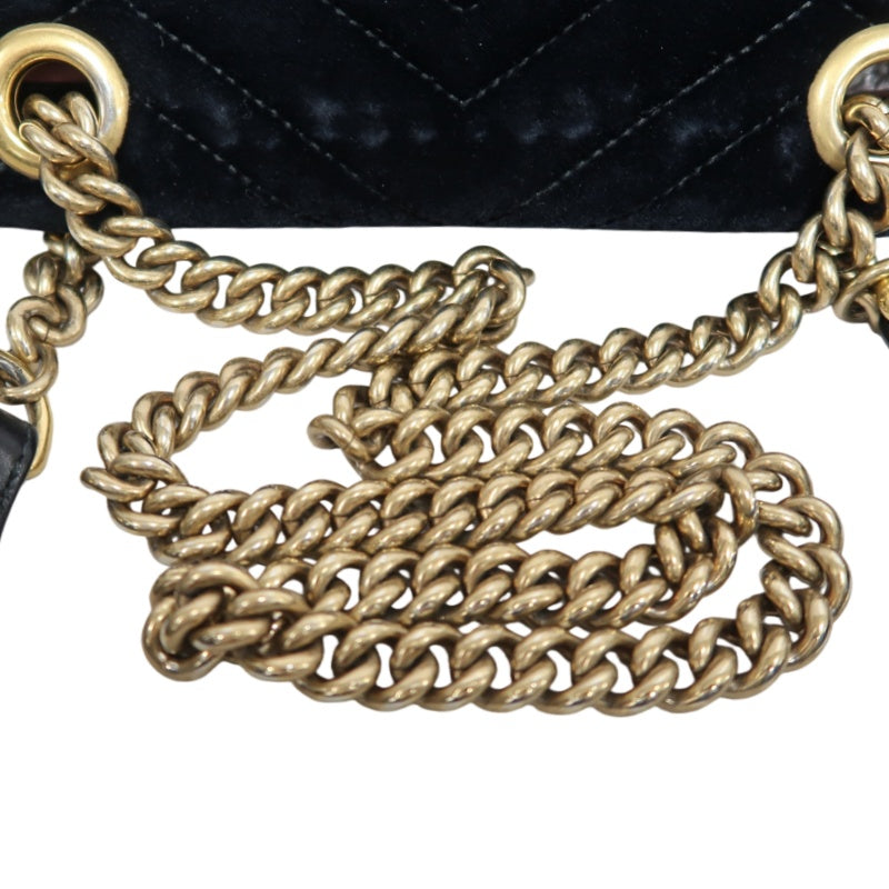 GUCCI GG Marmont Chevron Quilted Black Velvet Chain Shoulder Crossbody Bag, Aged Gold Double G Logo Hardware
