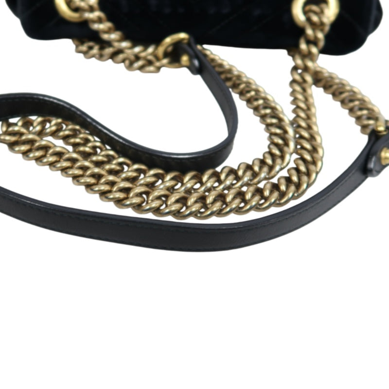 GUCCI GG Marmont Chevron Quilted Black Velvet Chain Shoulder Crossbody Bag, Aged Gold Double G Logo Hardware