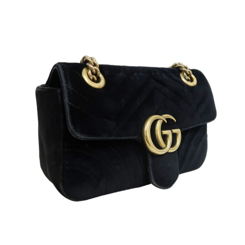 GUCCI GG Marmont Chevron Quilted Black Velvet Chain Shoulder Crossbody Bag, Aged Gold Double G Logo Hardware