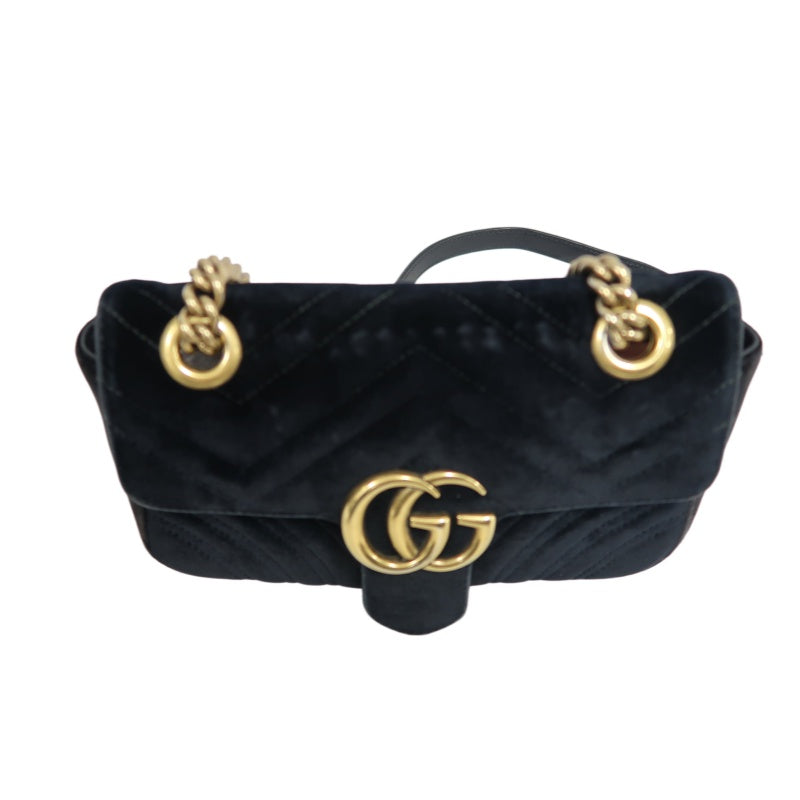 GUCCI GG Marmont Chevron Quilted Black Velvet Chain Shoulder Crossbody Bag, Aged Gold Double G Logo Hardware