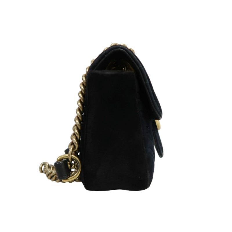 GUCCI GG Marmont Chevron Quilted Black Velvet Chain Shoulder Crossbody Bag, Aged Gold Double G Logo Hardware