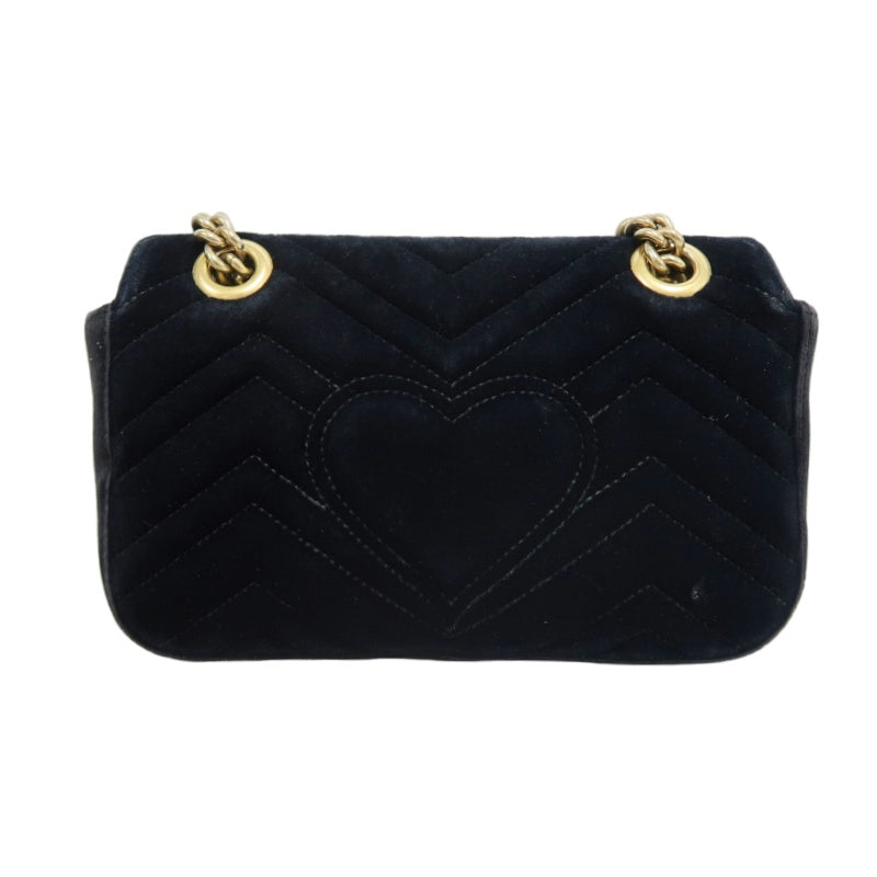 GUCCI GG Marmont Chevron Quilted Black Velvet Chain Shoulder Crossbody Bag, Aged Gold Double G Logo Hardware