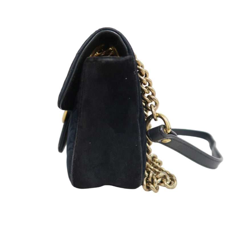 GUCCI GG Marmont Chevron Quilted Black Velvet Chain Shoulder Crossbody Bag, Aged Gold Double G Logo Hardware