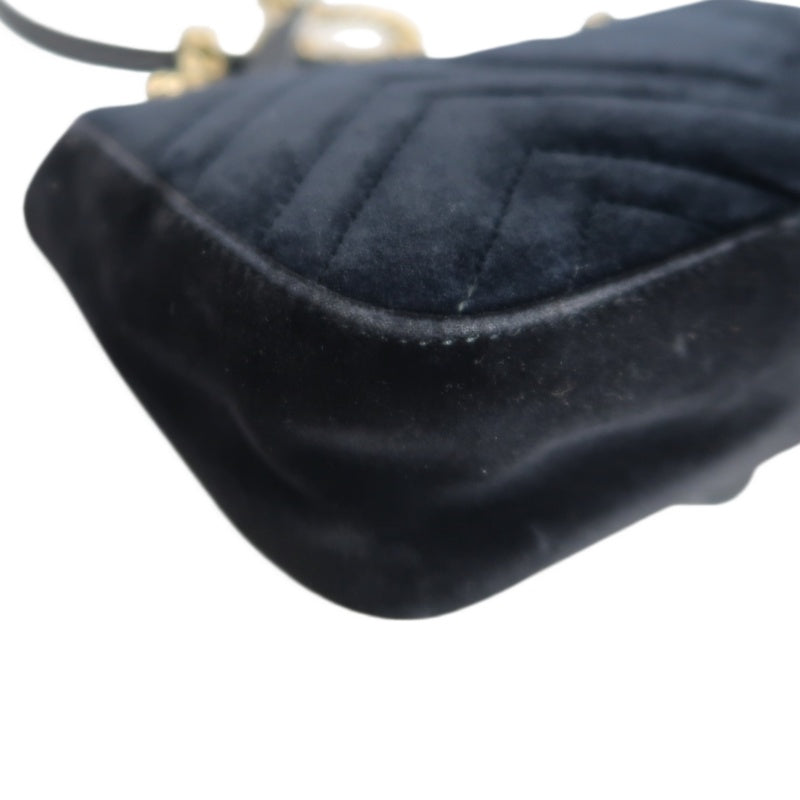 GUCCI GG Marmont Chevron Quilted Black Velvet Chain Shoulder Crossbody Bag, Aged Gold Double G Logo Hardware