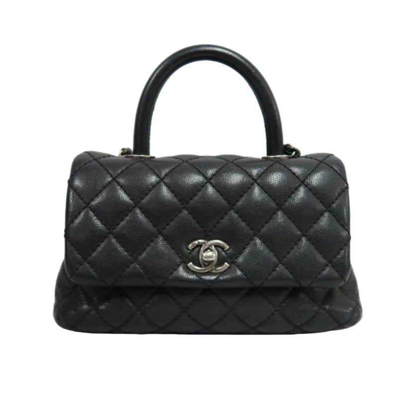 CHANEL Black Caviar Leather Quilted Coco Handle 2way Top Handle Handbag Crossbody Bag, Polished Silver Hardware