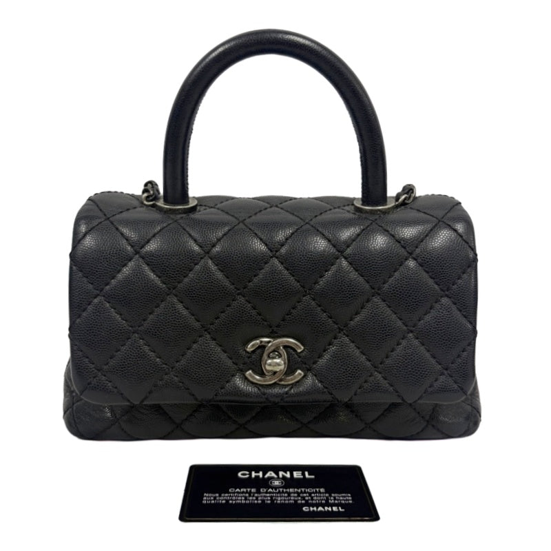 CHANEL Black Caviar Leather Quilted Coco Handle 2way Top Handle Handbag Crossbody Bag, Polished Silver Hardware