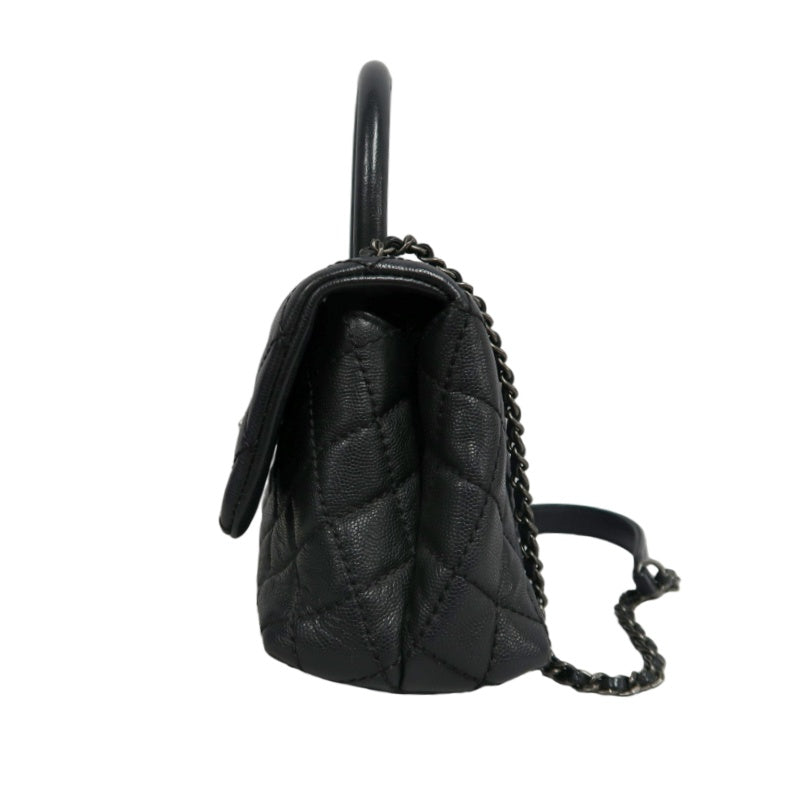CHANEL Black Caviar Leather Quilted Coco Handle 2way Top Handle Handbag Crossbody Bag, Polished Silver Hardware