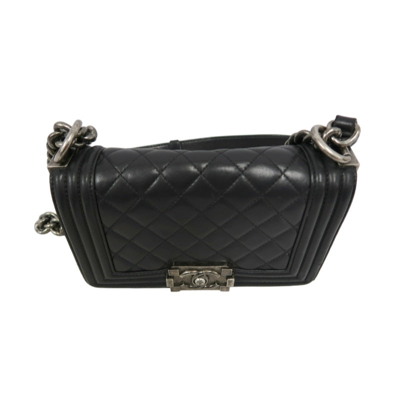 CHANEL Boy Matelasse Shoulder Bag Lambskin Black Silver Hardware