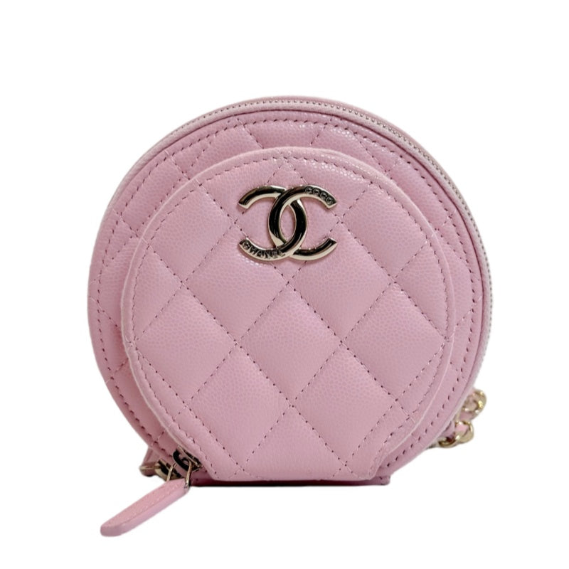 CHANEL Round Coin Matelasse Shoulder Bag Caviar Leather Pink Gold Hardware