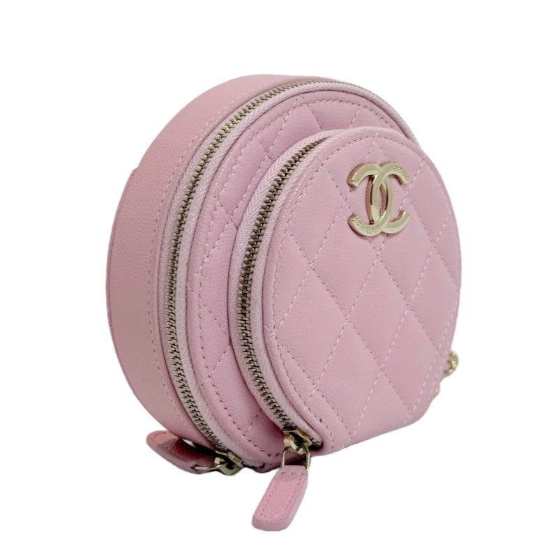 CHANEL Round Coin Matelasse Shoulder Bag Caviar Leather Pink Gold Hardware