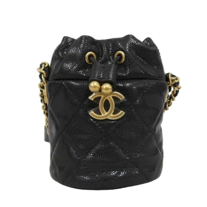 CHANEL Mini Coin Bucket Shoulder Bag Caviar Leather Black Vintage Gold Hardware