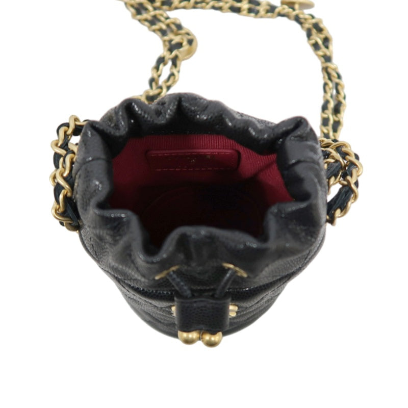 CHANEL Mini Coin Bucket Shoulder Bag Caviar Leather Black Vintage Gold Hardware