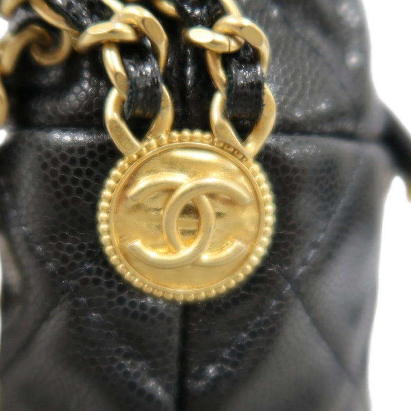 CHANEL Mini Coin Bucket Shoulder Bag Caviar Leather Black Vintage Gold Hardware